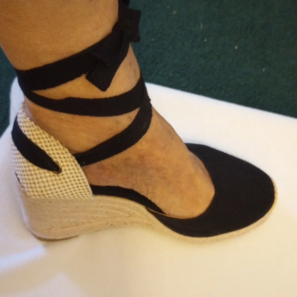Black Ankle Wrap Wedge Shoes - Picture 2 of 5